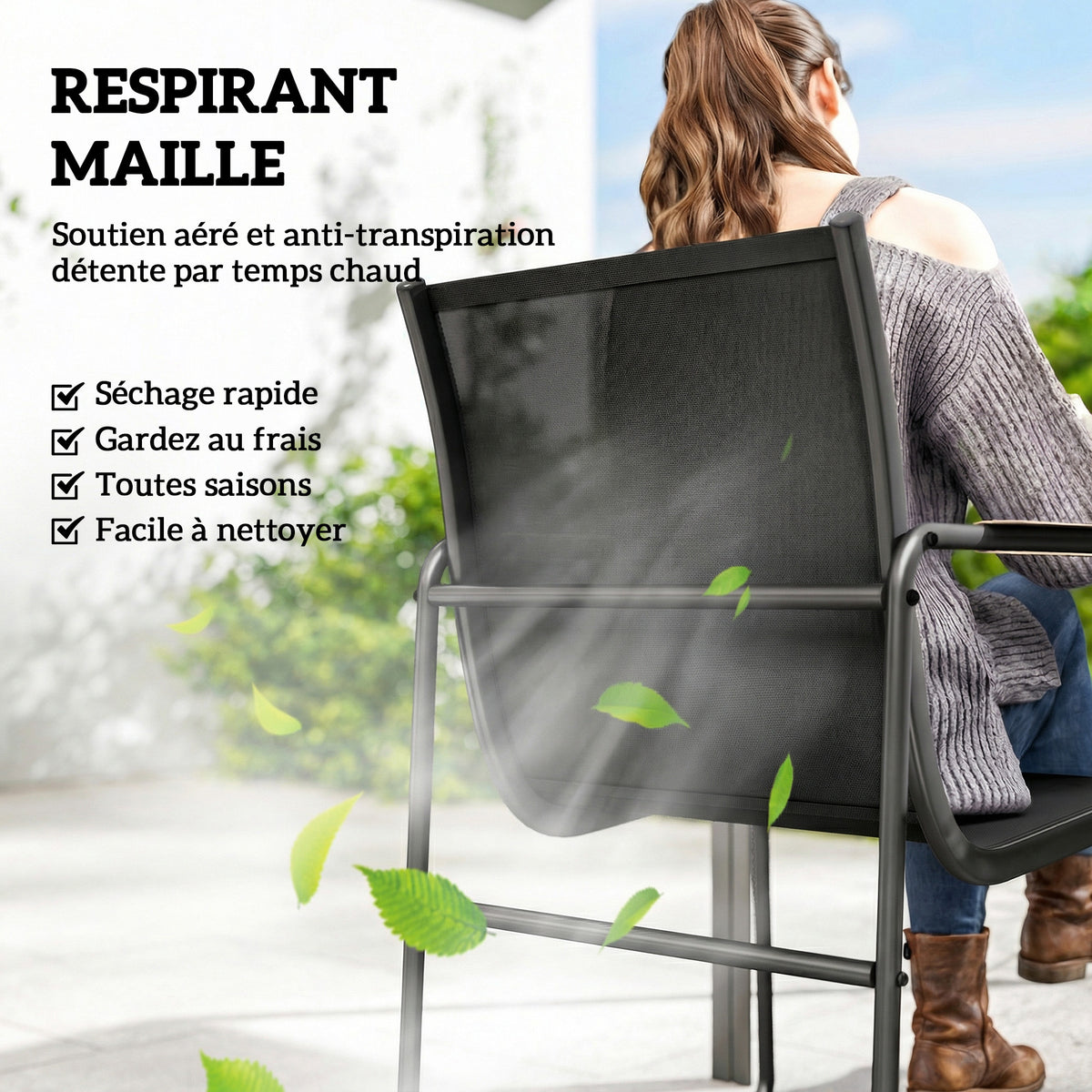 Ensemble de Salle à Manger d'Extérieur 7 Pièces pour 6 Personnes, Table en Verre et Chaises avec Accoudoirs Décoratifs, Maille Résistante aux Intempéries, Noir
