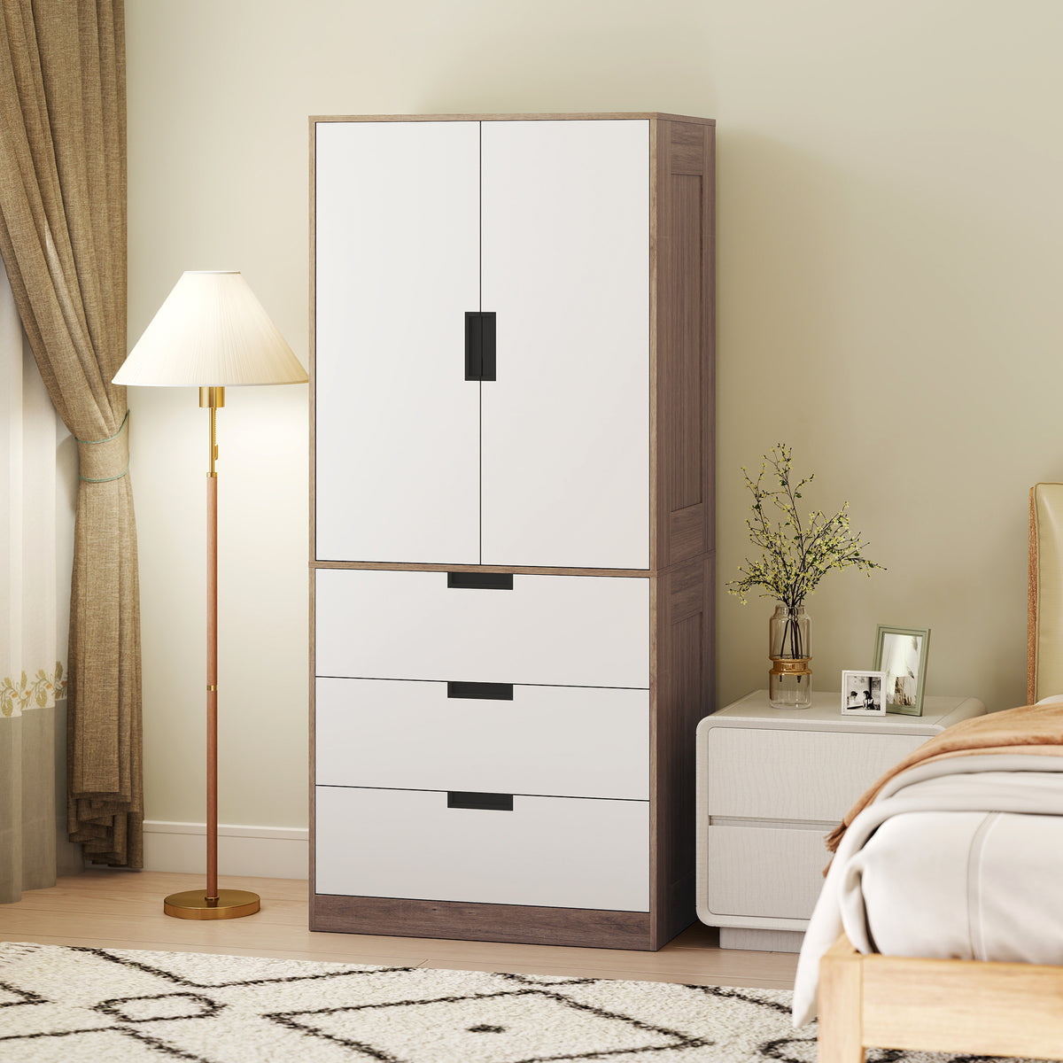 Armoire 2 portes, armoire moderne avec 3 tiroirs et tringle de suspension pour chambre à coucher, marron