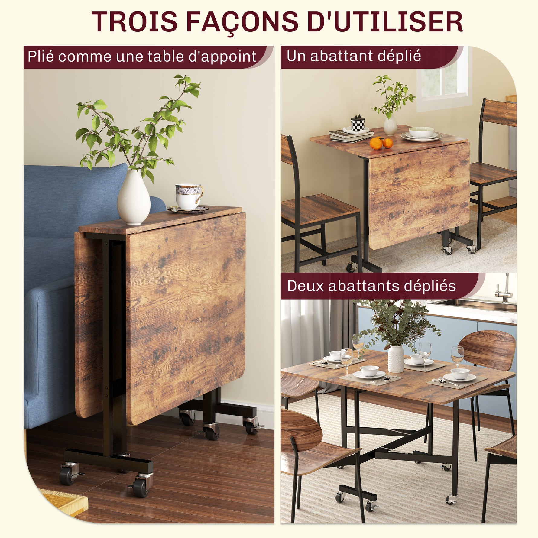 Table pliante cuisine table à manger pliable avec 2 abattants 6 roues pour 4-6 personnes 120 x 80 x 73 cm, brun rustique