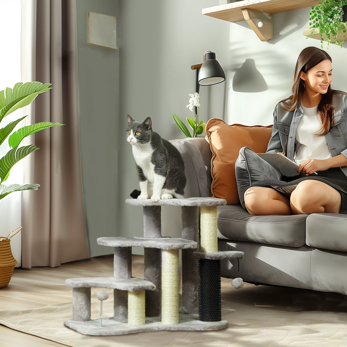 Arbre à chat tour à griffer hauteur de 50 cm avec plates-formes en peluche balles pour chat de moins de 5 kg gris clair