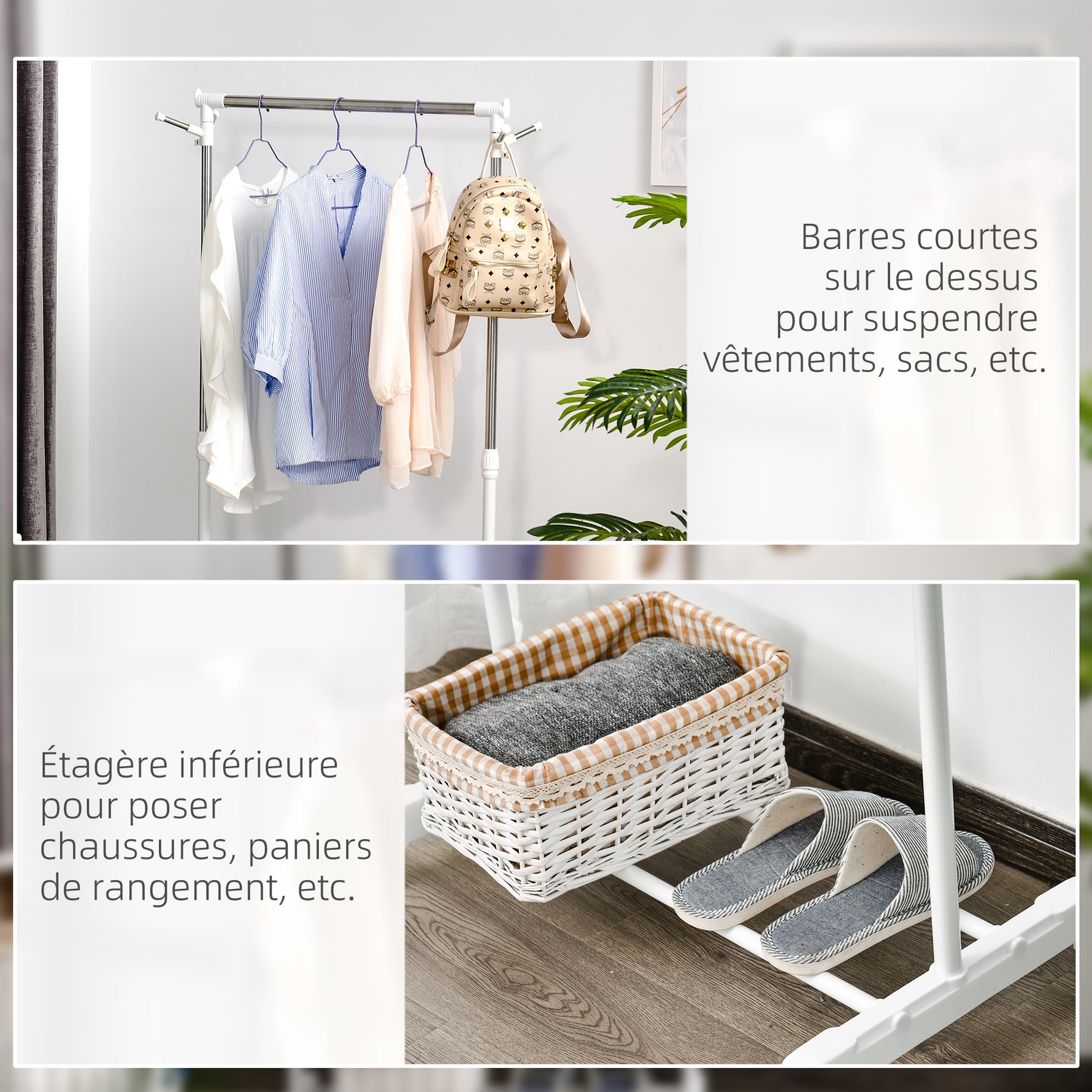 Portant à vêtements, penderie vêtement en acier avec support à chaussures et crochets latéraux, argent et blanc
