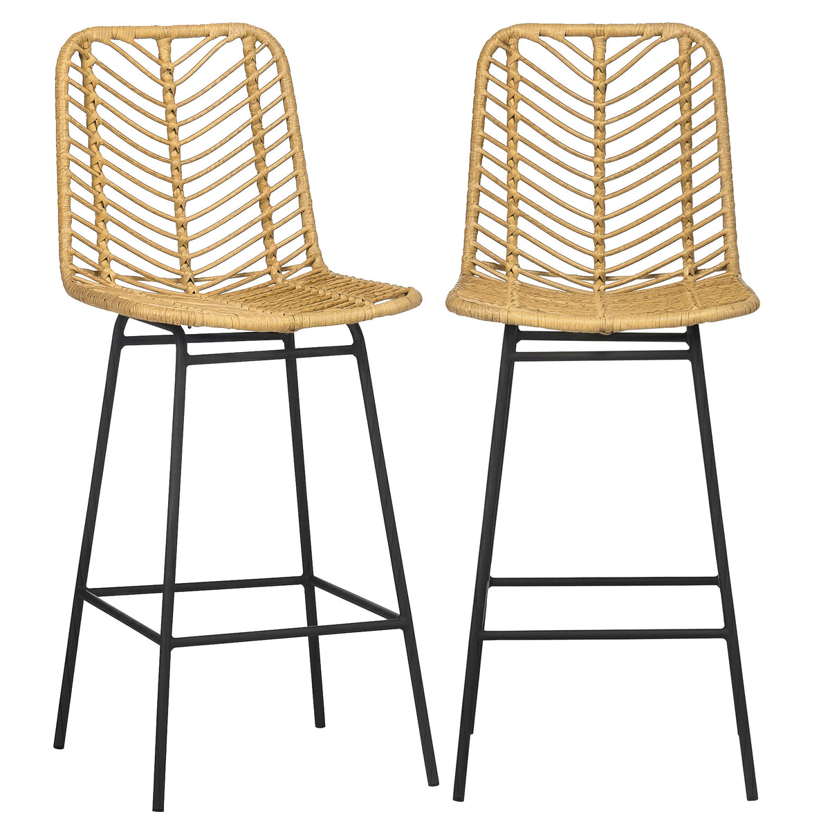 Lot de 2 tabourets de bar design bohème Hauteur 66 cm avec repose-pieds métal et rotin PE - naturel