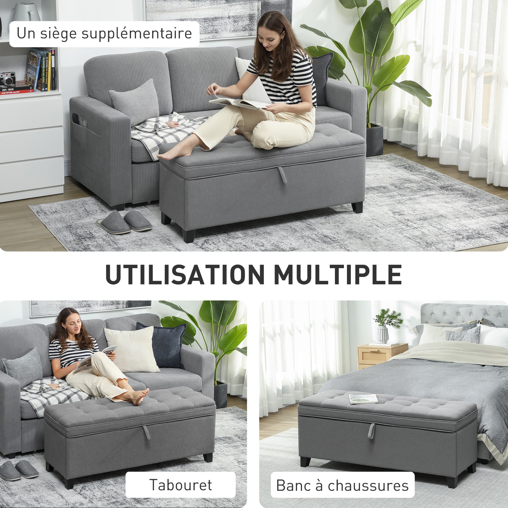 Banc de rangement 112L banquette bout de lit en tissu de lin, siège capitonné, 120 x 40 x 48 cm, gris foncé