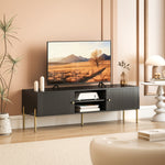 TV-meubel voor tv's tot 65", geribbelde deuren, open vakken, stalen poten, 140 x 38 x 45,9 cm, zwart