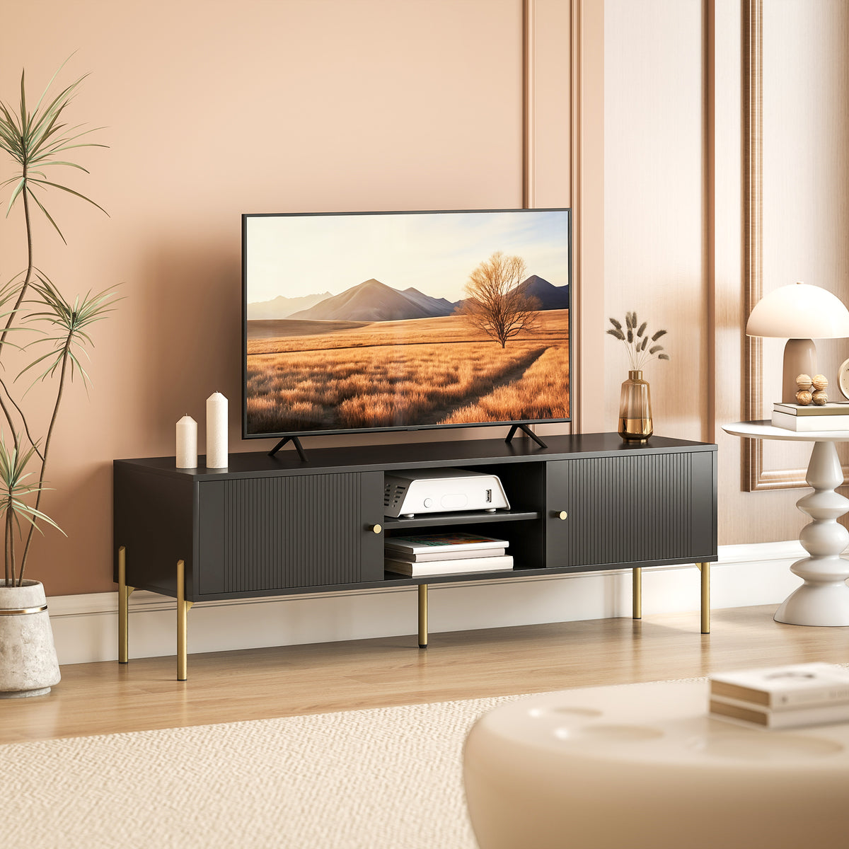 TV-meubel voor tv's tot 65", geribbelde deuren, open vakken, stalen poten, 140 x 38 x 45,9 cm, zwart