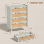 Commode 4 Tiroirs en Bois et Rotin PVC, Style Bohème, pour Chambre à Coucher, Entrée, Couloir, 80x40x109,2cm, Vert Sauge