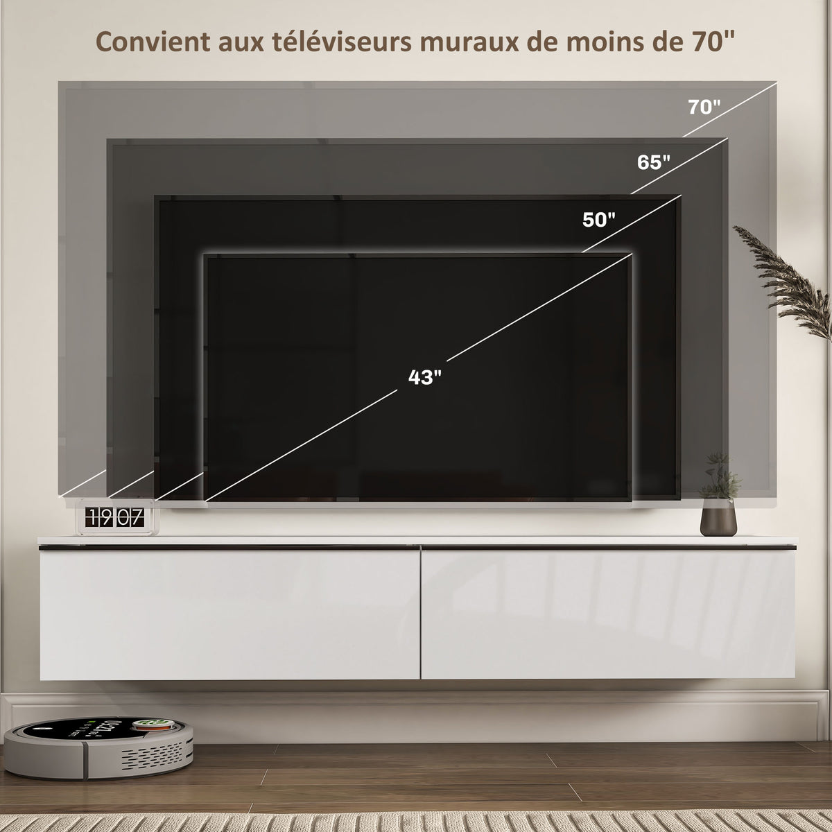 Meuble TV suspendu avec placard, pour téléviseurs jusqu'à 70 pouces, effet brillant, blanc