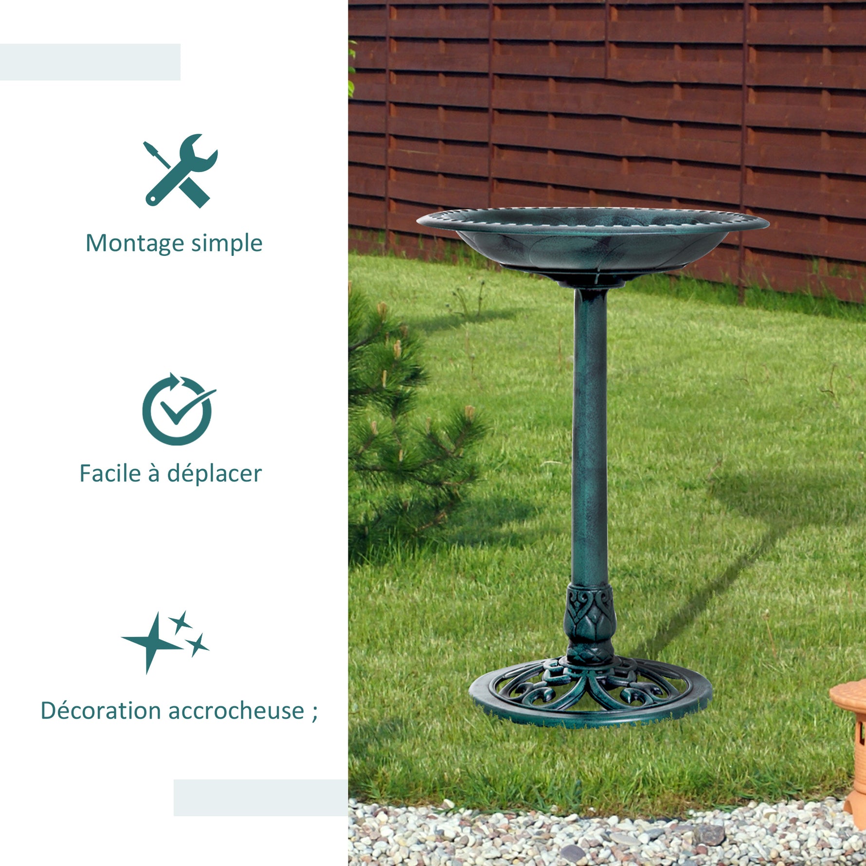 Bain d'oiseaux plateau de diamètre 50cm abreuvoir oiseaux extérieur sur pied hauteur 69,5 cm érugineux