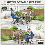 Conjunto de jardín, mesa de exterior con 4 sillas plegables, mesa regulable en altura 118 cm gris oscuro
