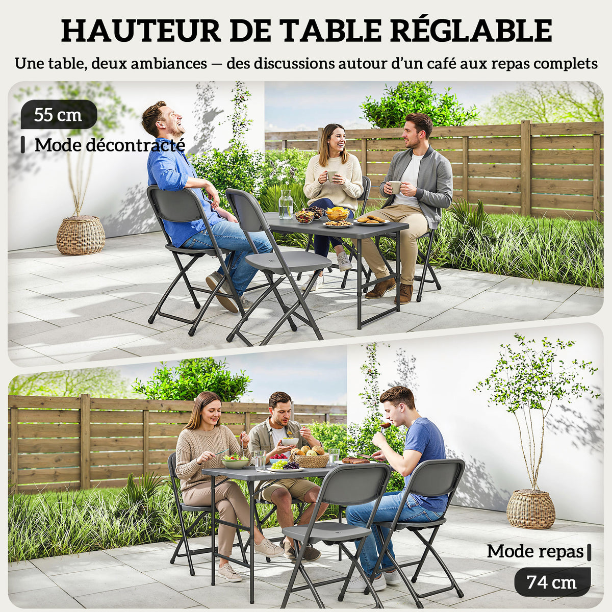 Conjunto de jardín, mesa de exterior con 4 sillas plegables, mesa regulable en altura 118 cm gris oscuro