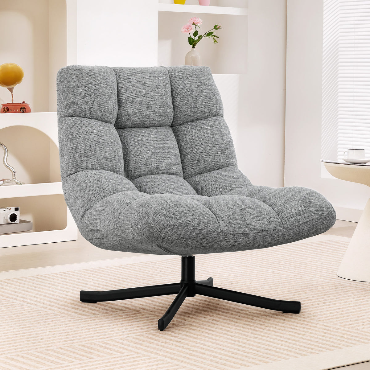 Fauteuil salon sans accoudoirs, chaise pivotante en tissu chenille, assise large, 75 x 95 x 90 cm, gris