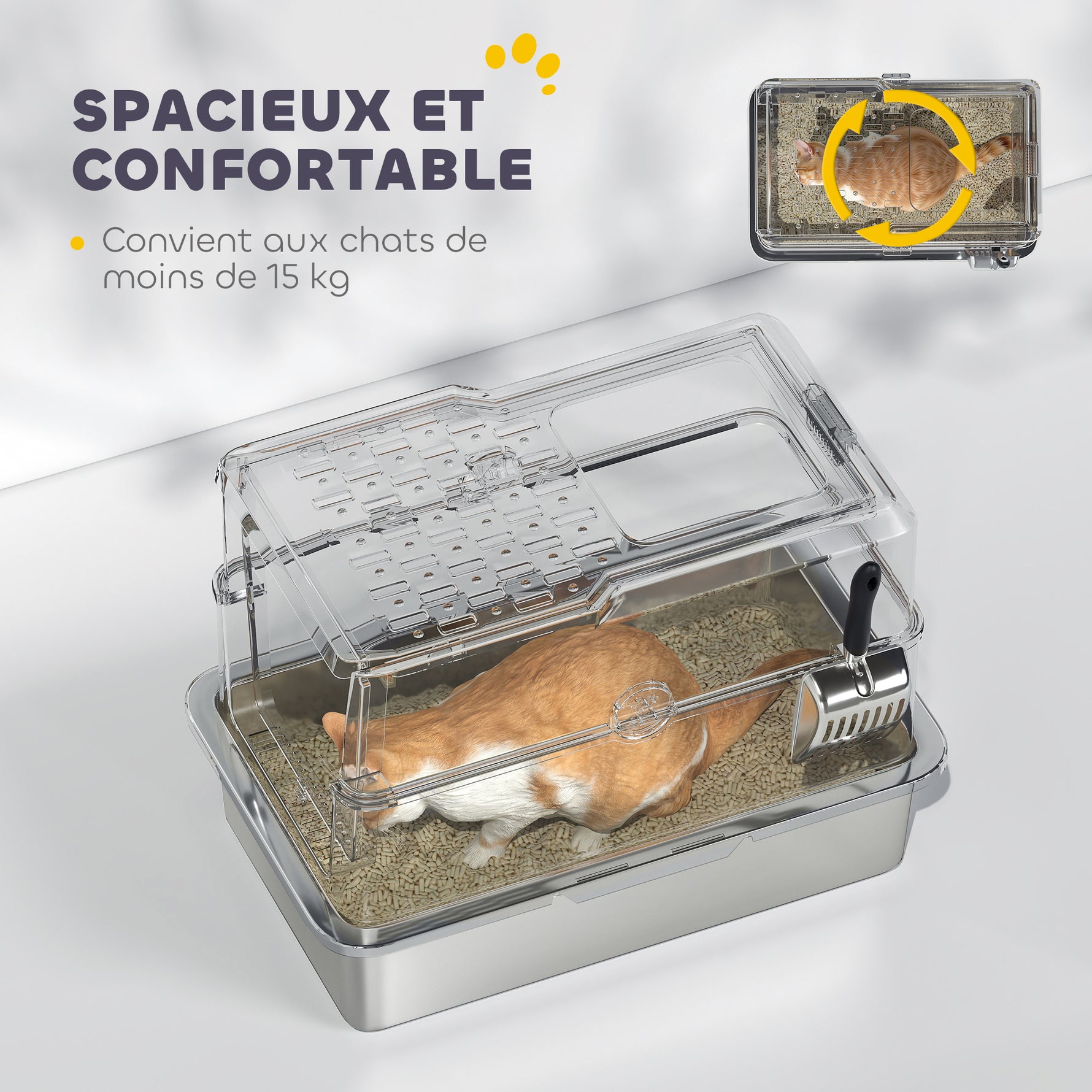 Bac à litière pour chat fermé, maison de toilette pour chat en acier inoxydable, 60,2 x 40,2 x 43,7 cm, gris clair