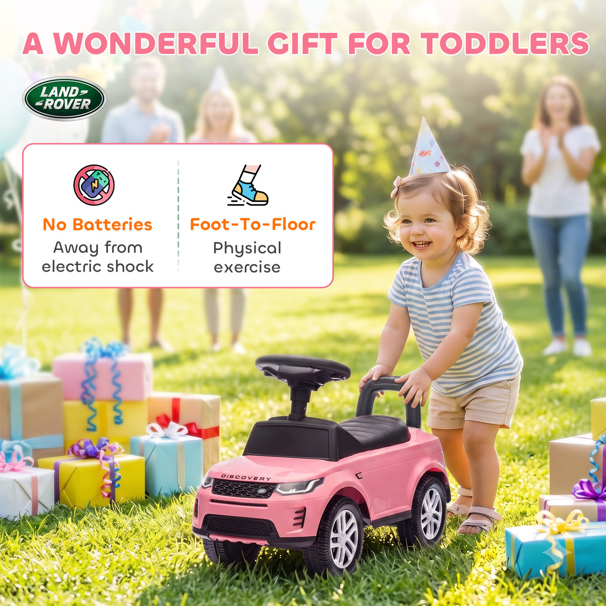 Porteur enfants voiture sous licence Land Rover, véhicule à pousser, klaxon, sons de moteur, rangement sous siège, rose