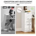 Caisson bureau, meuble rangement bois 3 tiroirs et serrure, barres de suspension réglables, 40 x 40 x 101 cm, blanc