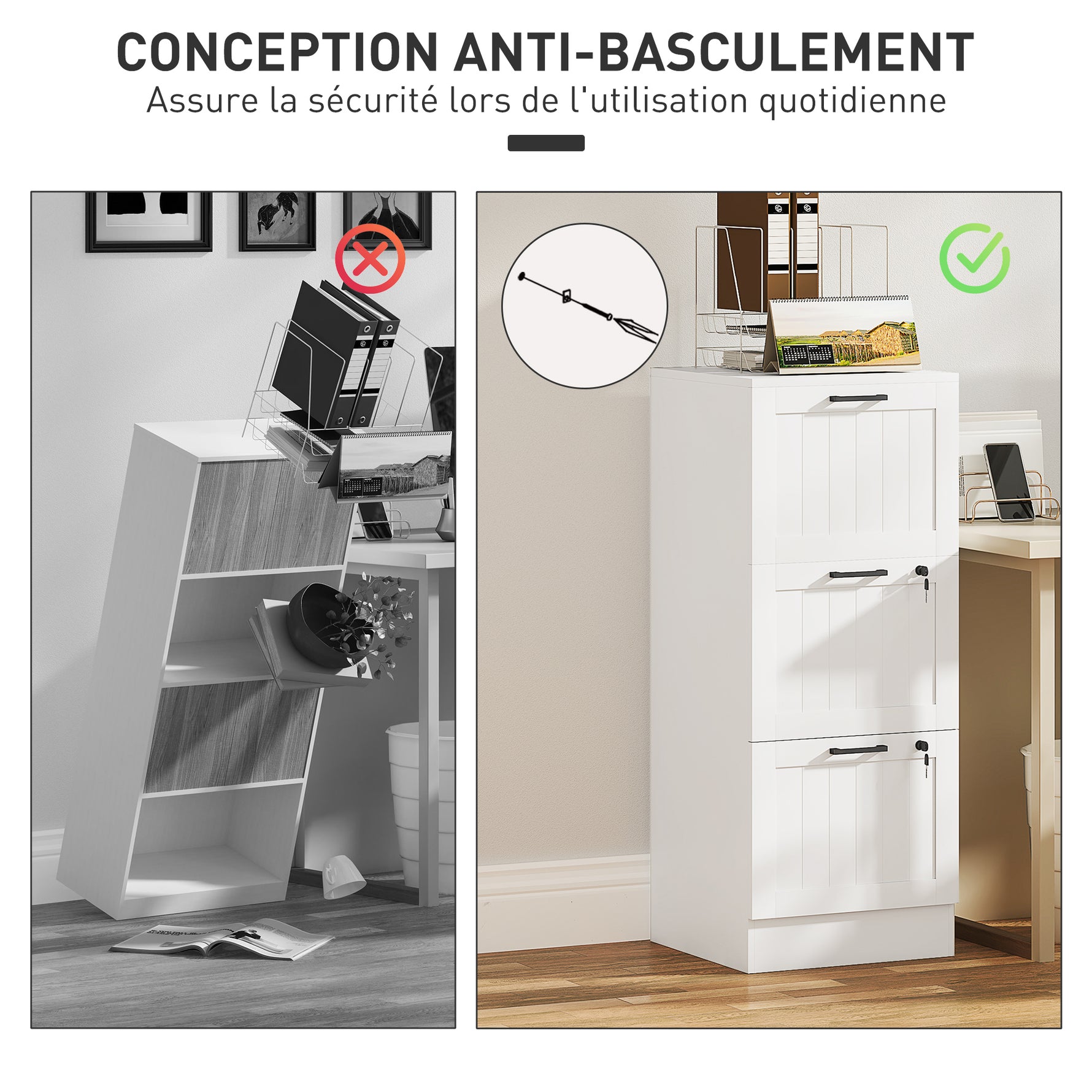 Caisson bureau, meuble rangement bois 3 tiroirs et serrure, barres de suspension réglables, 40 x 40 x 101 cm, blanc