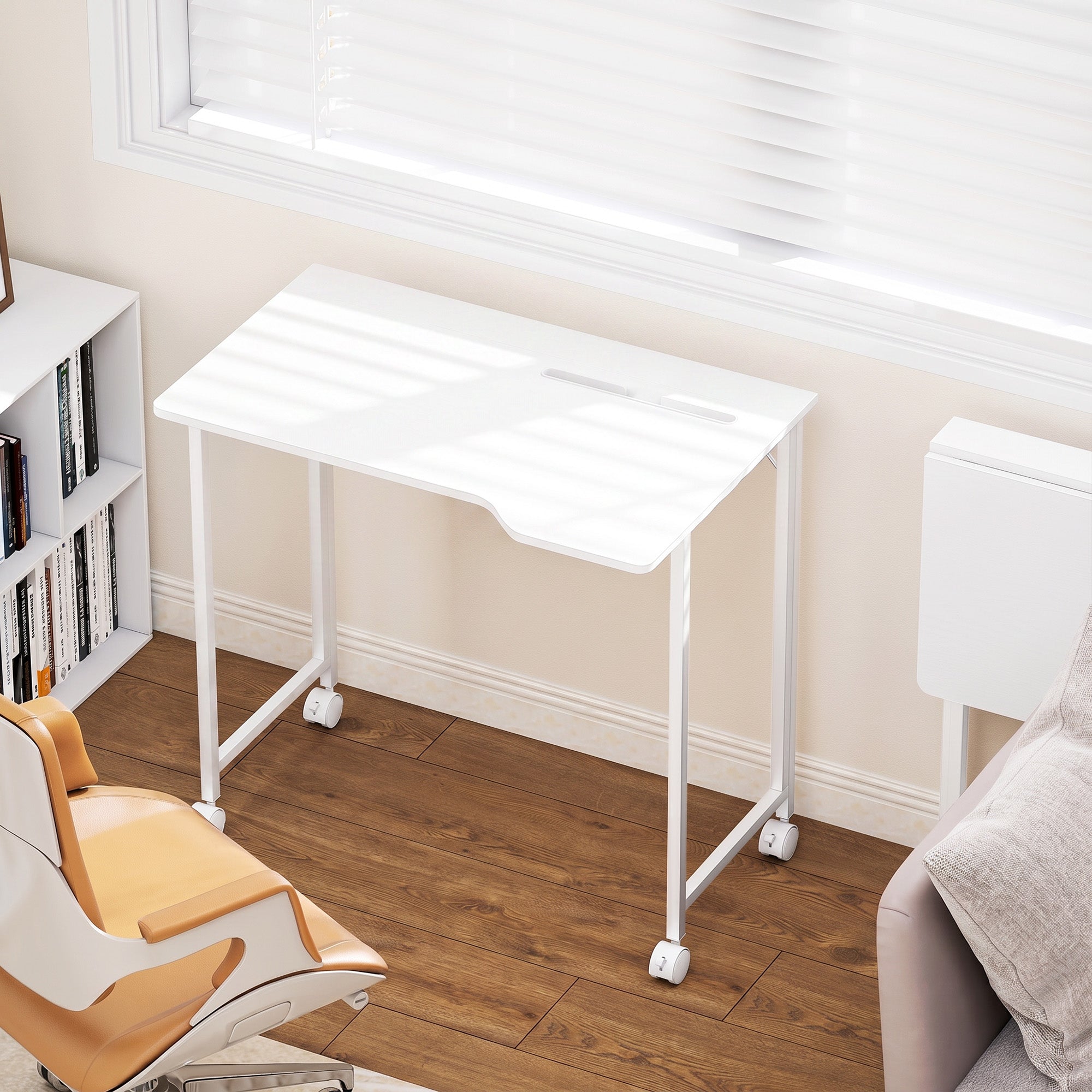 Bureau Pliable 80 x 52 cm, Bureau Ordinateur sur Roulettes avec Fente d'Appareil, Montage Facile, Blanc