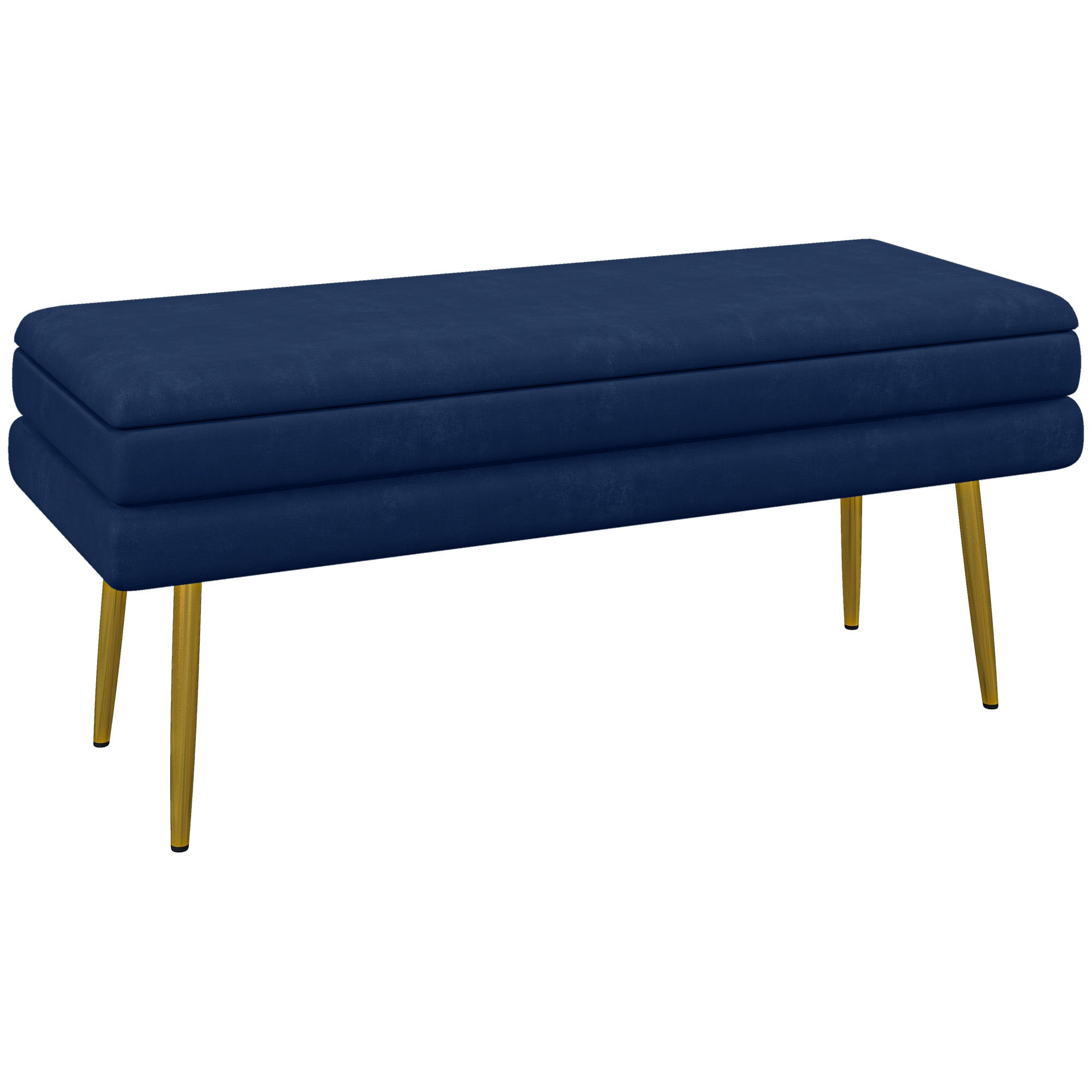 Banc banquette coffre de rangement 2 en 1 assise aspect velours et pieds acier - 100 x 37,5 x 42 cm bleu et doré