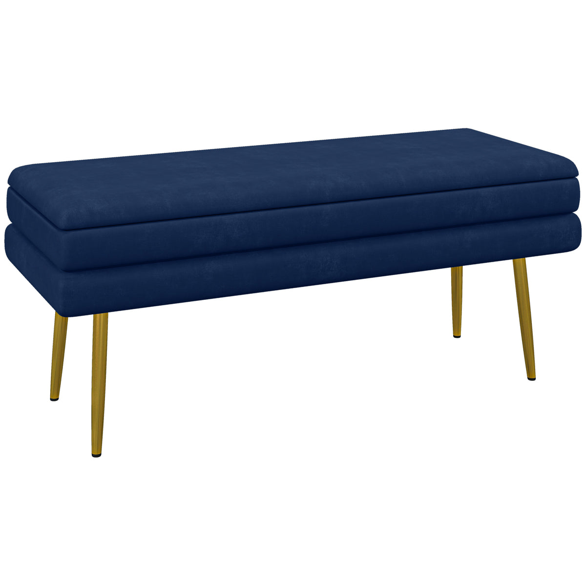 Banc banquette coffre de rangement 2 en 1 assise aspect velours et pieds acier - 100 x 37,5 x 42 cm bleu et doré