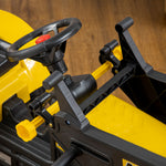 Pedal tractor backhoe with trailer, shovel and rake, outdoor toy for children aged 3 and up, yellow and black