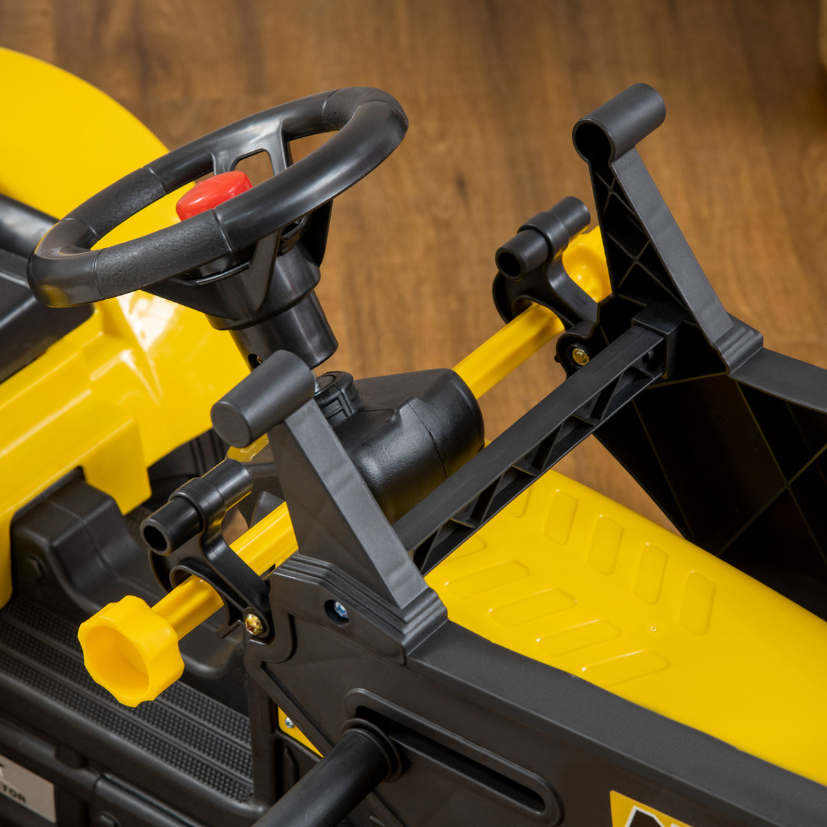 Pedal tractor backhoe with trailer, shovel and rake, outdoor toy for children aged 3 and up, yellow and black
