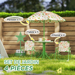 Ensemble salon de jardin extérieur enfant 4 pièces, motif éléphant et girafe, parasol réglable Ø 100 cm, chaise pliable
