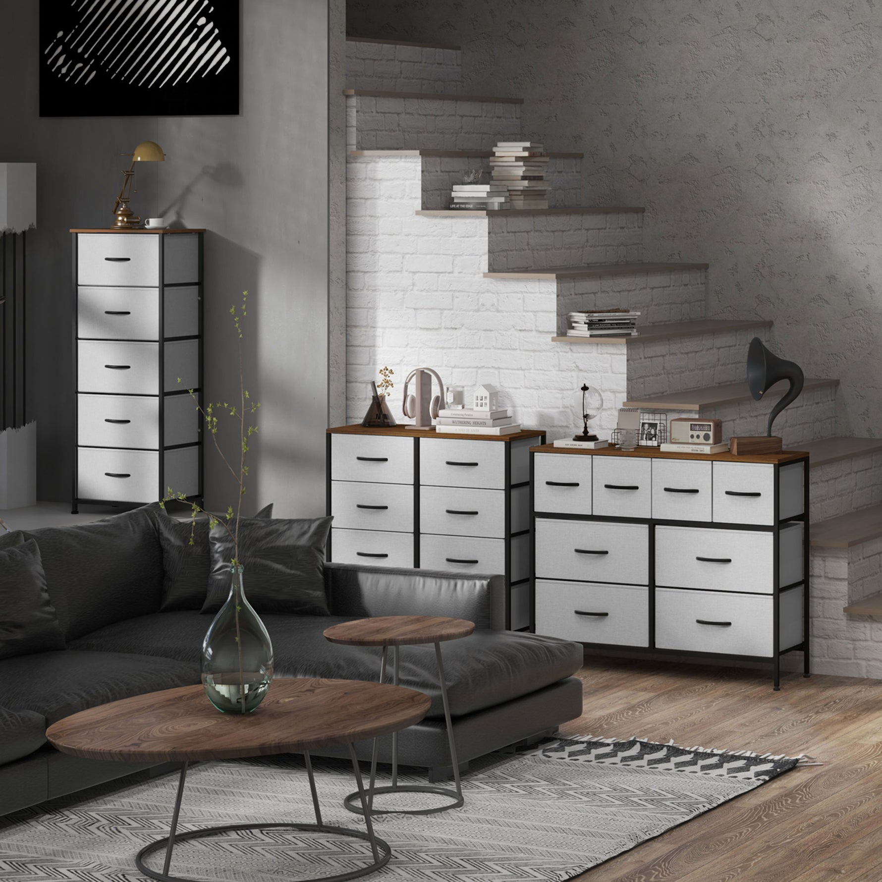 Commode 5 tiroirs meuble de rangement tiroir en tissu pliant - structure acier noir - 45 x 30 x 116 cm gris