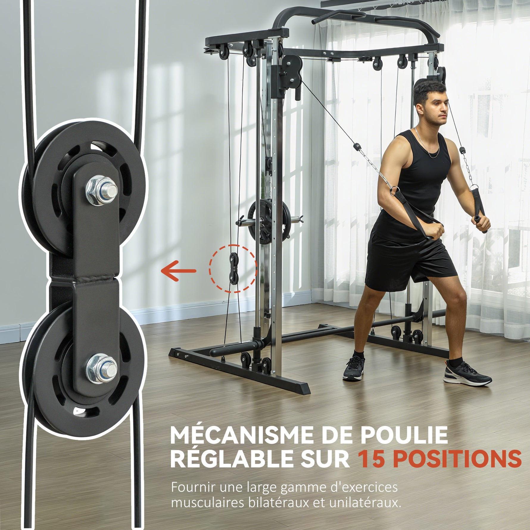Station de musculation station de traction à câble support à squat barre câble cross-over 210 x 132 x 225 cm noir