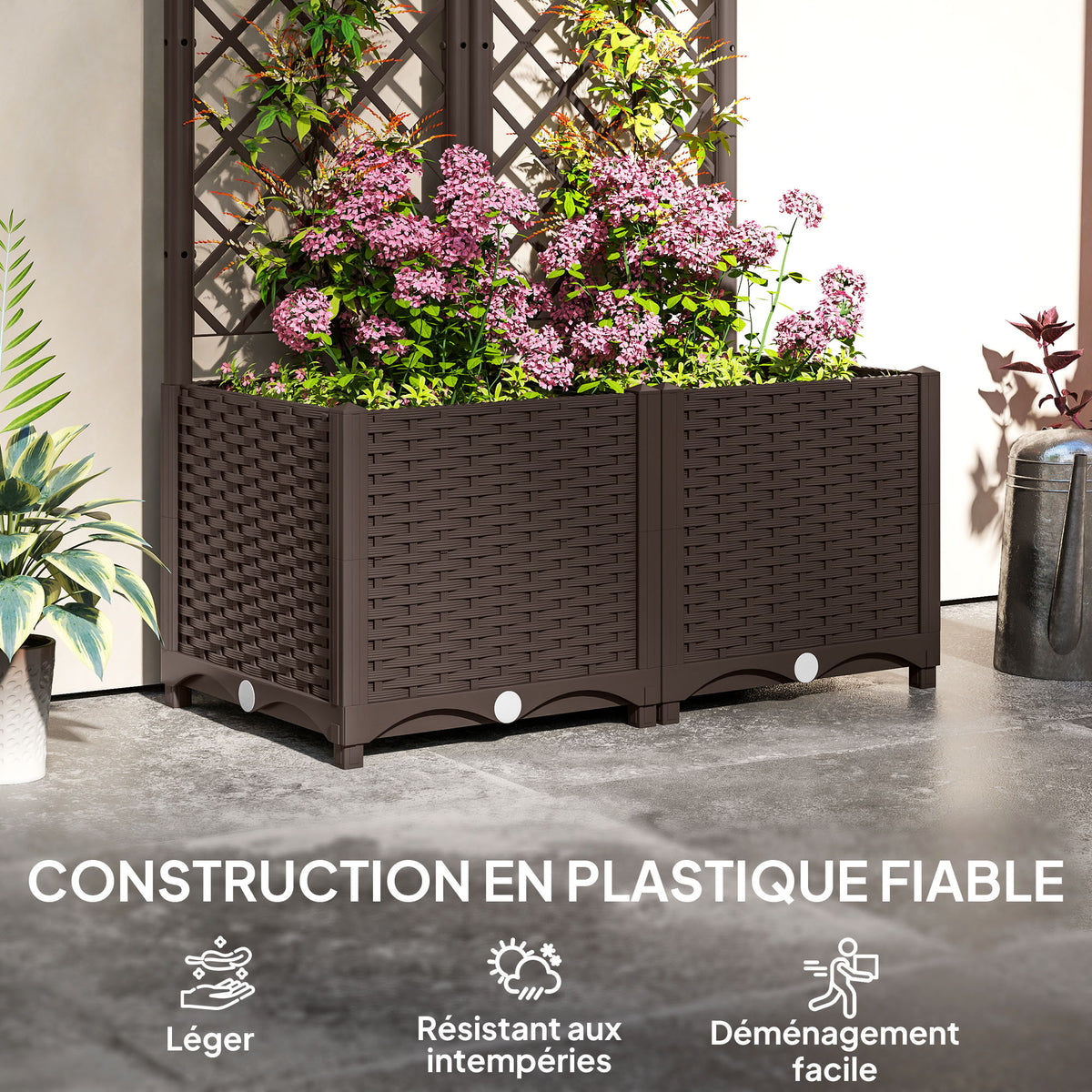 Jardinière avec treillis lit surélevé de jardin jardinière extérieure avec 6 trous de drainage 80 x 40 x 135 cm marron