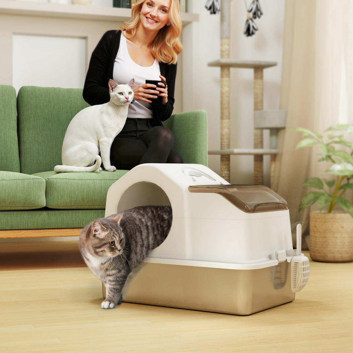 Maison de toilette pour chat avec couvercle amovible, bac à litière chat fermé côtés hauts, 60,5x40,5x45cm, blanc