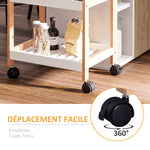 Chariot de service desserte de cuisine à roulettes 2 étagères + plateau amovible bois de pin MDF blanc