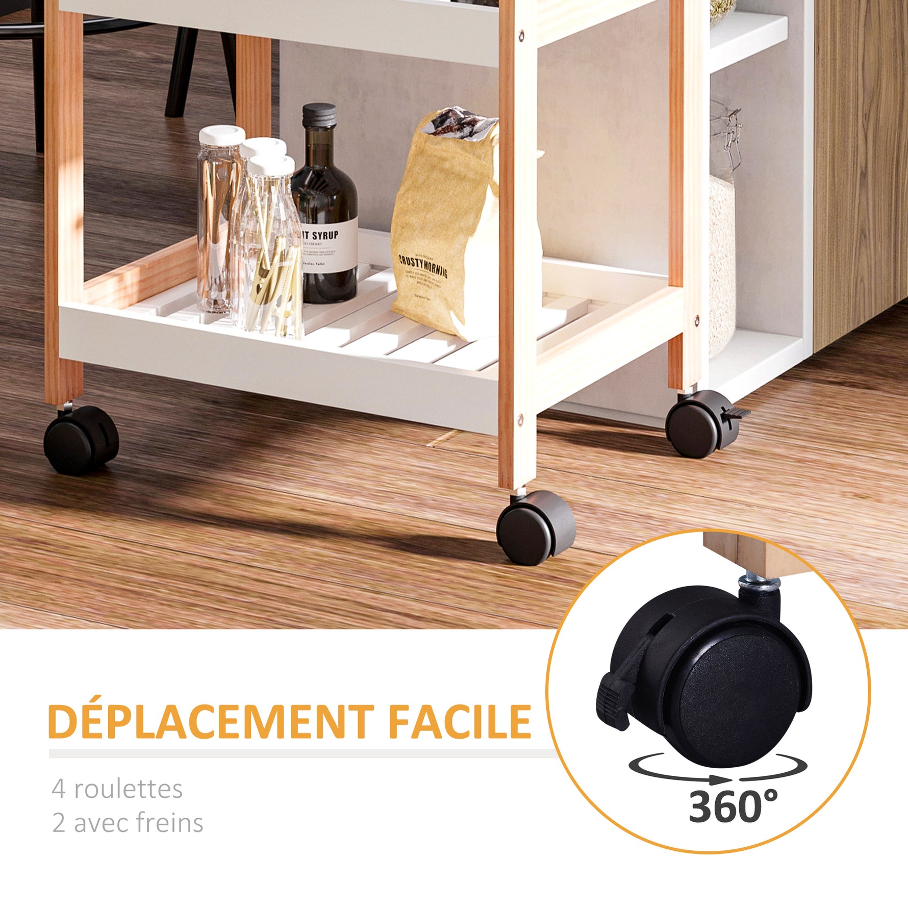 Chariot de service desserte de cuisine à roulettes 2 étagères + plateau amovible bois de pin MDF blanc