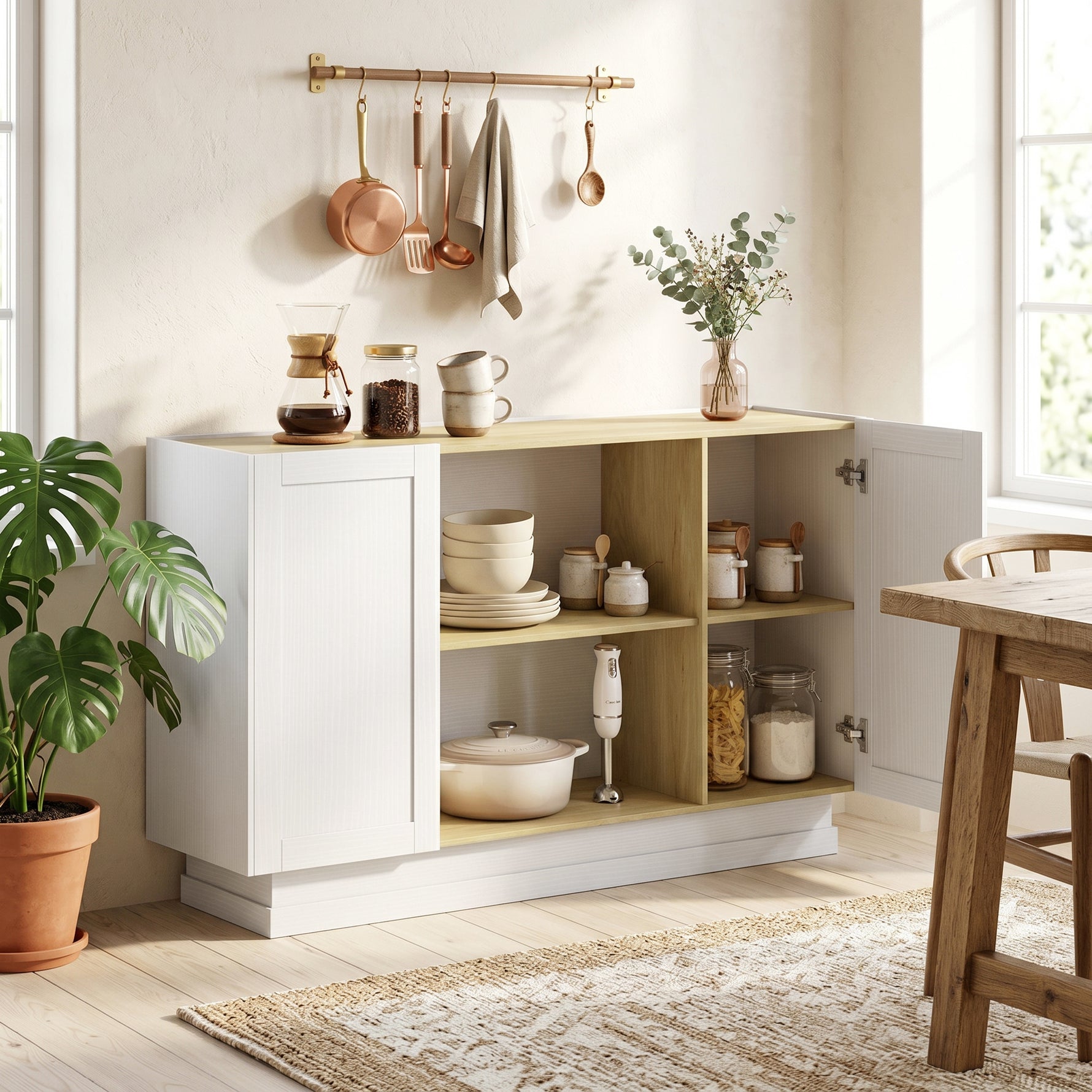 Buffet Cuisine, Meuble de Rangement avec 2 Portes et 2 Étagères Ouvertes, 133 x 35 x 79,7 cm, Bois Naturel et Blanc