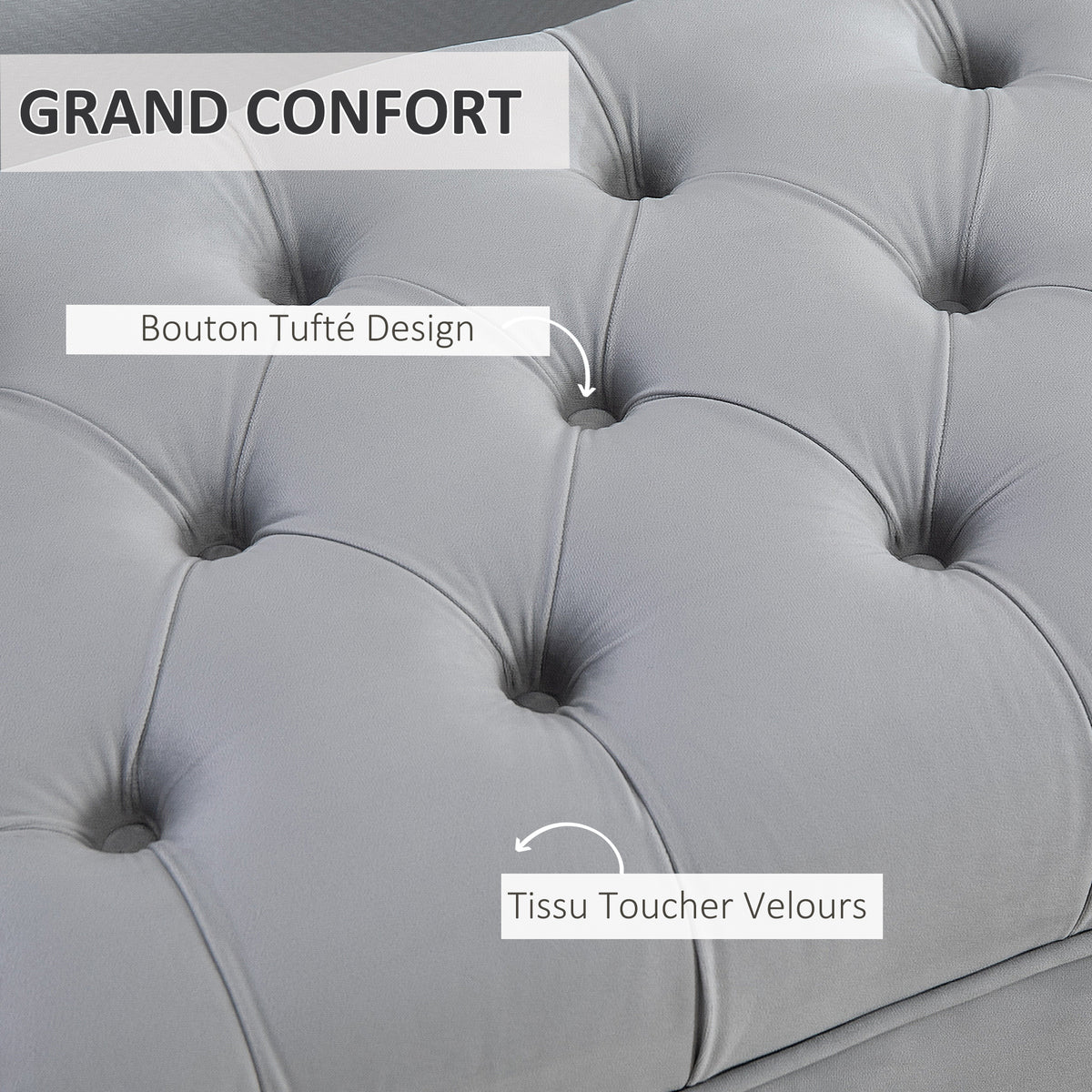 Banc banquette capitonnée bout de lit style classique chic dim. 118L x 45l x 42H cm piètement métal doré velours gris clair
