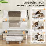 Bac à Litière XL en Acier Inoxydable pour Grand Chat, Couvercle Pivotant 100°, Pelle, 60,2x40,2x44,5cm, Gris Clair