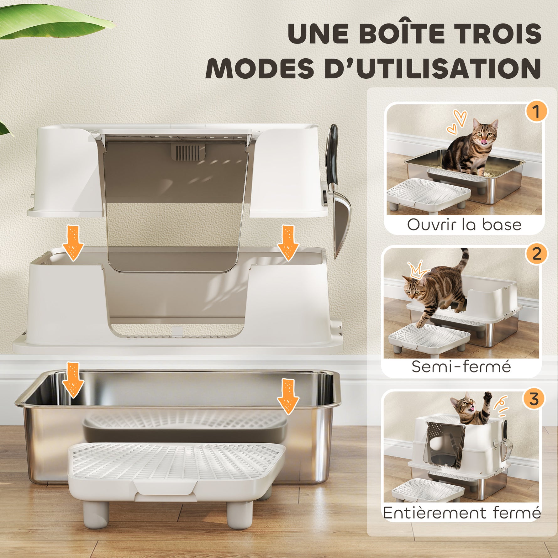 Bac à Litière XL en Acier Inoxydable pour Grand Chat, Couvercle Pivotant 100°, Pelle, 60,2x40,2x44,5cm, Gris Clair
