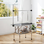 Table de toilettage pour chien pliante potence H-forme inox réglable 2 sangles panier 107 x 60 x 164 cm noir