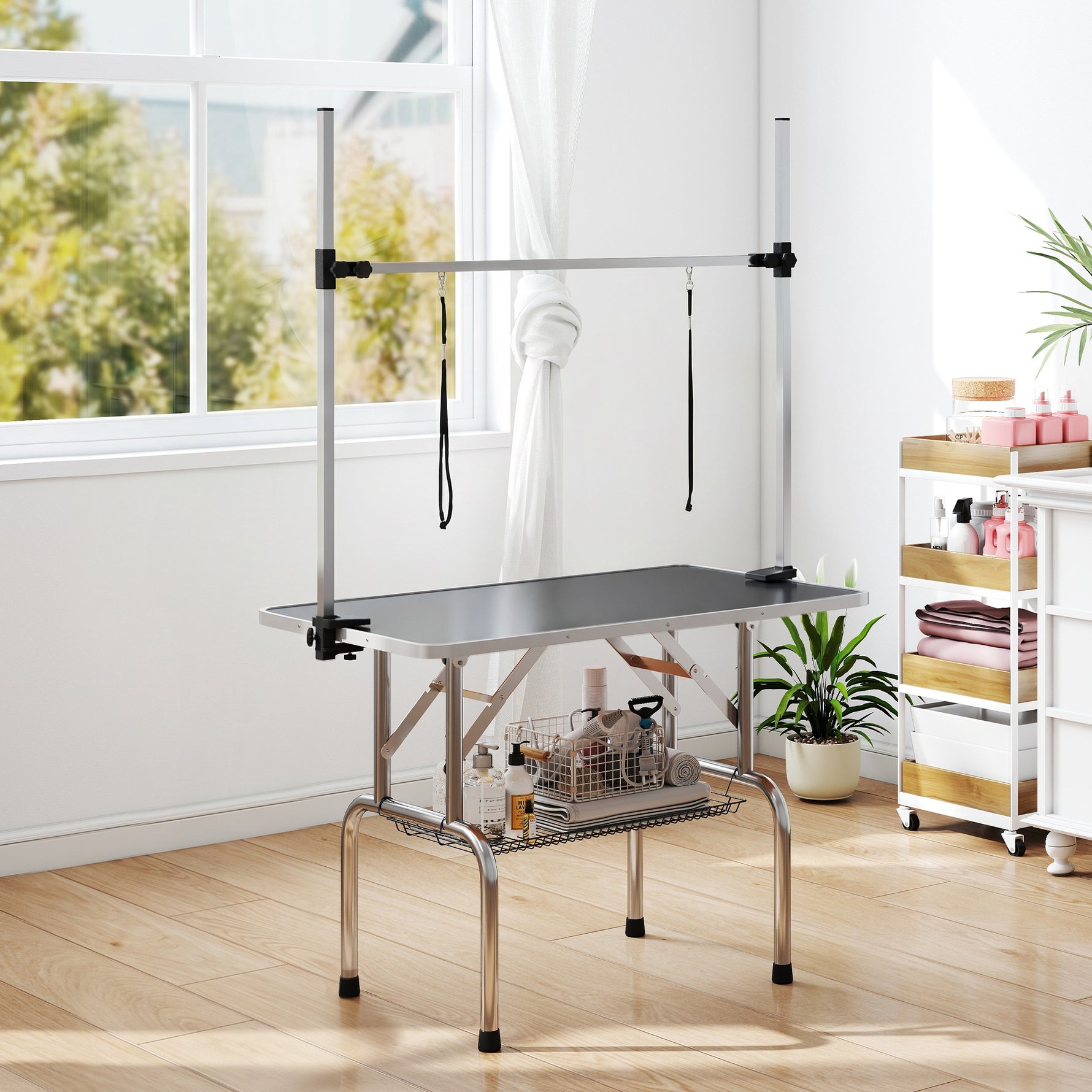 Table de toilettage pour chien pliante potence H-forme inox réglable 2 sangles panier 107 x 60 x 164 cm noir
