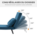Fauteuil convertible 3 en 1 lit 1 place dossier 5 positions, accoudoirs en bois et coussin, tissu effet velours, bleu