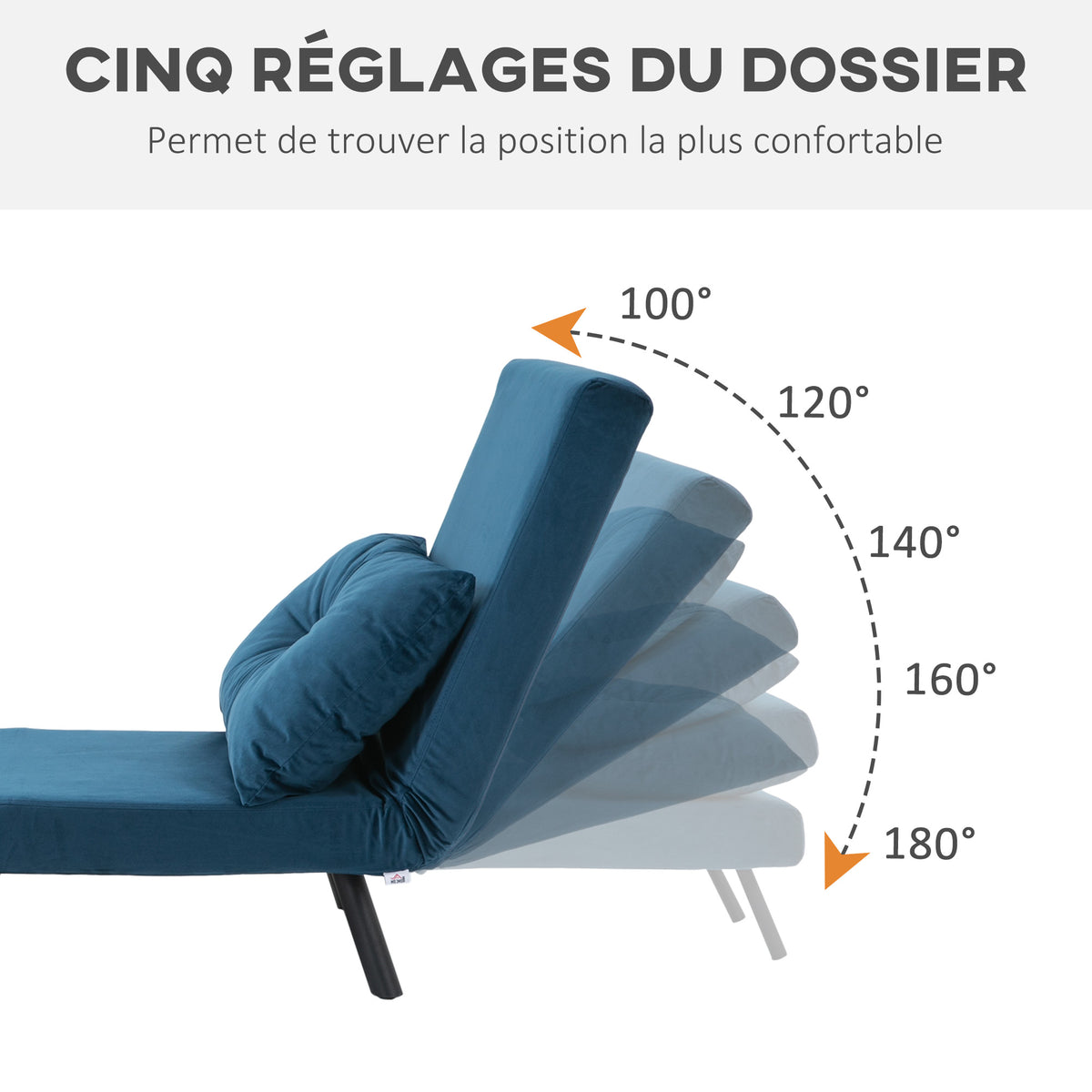 Fauteuil convertible 3 en 1 lit 1 place dossier 5 positions, accoudoirs en bois et coussin, tissu effet velours, bleu