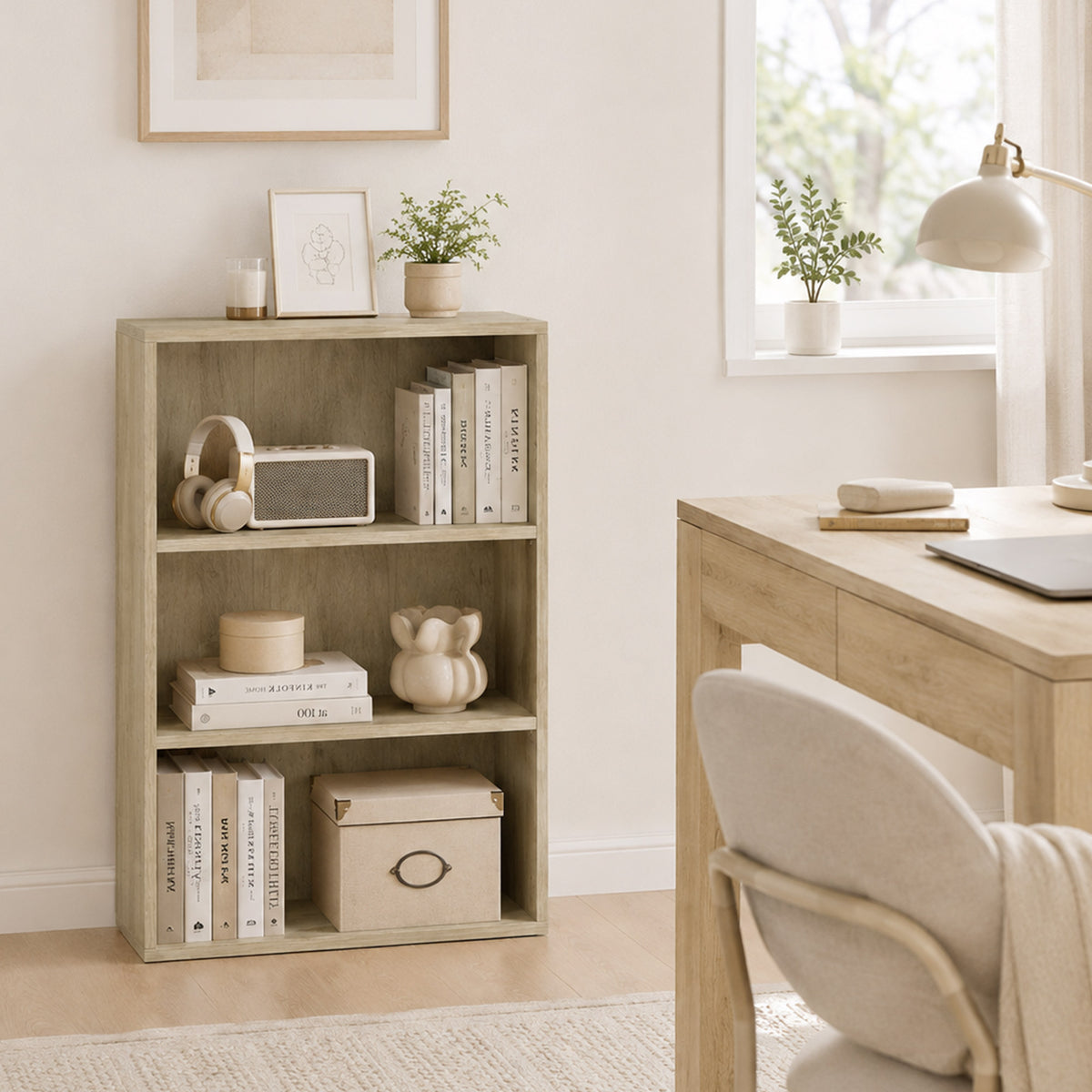 Bibliothèque étagère de rangement avec 3 compartiments et étagère réglable, 60 x 24 x 93 cm, bois naturel