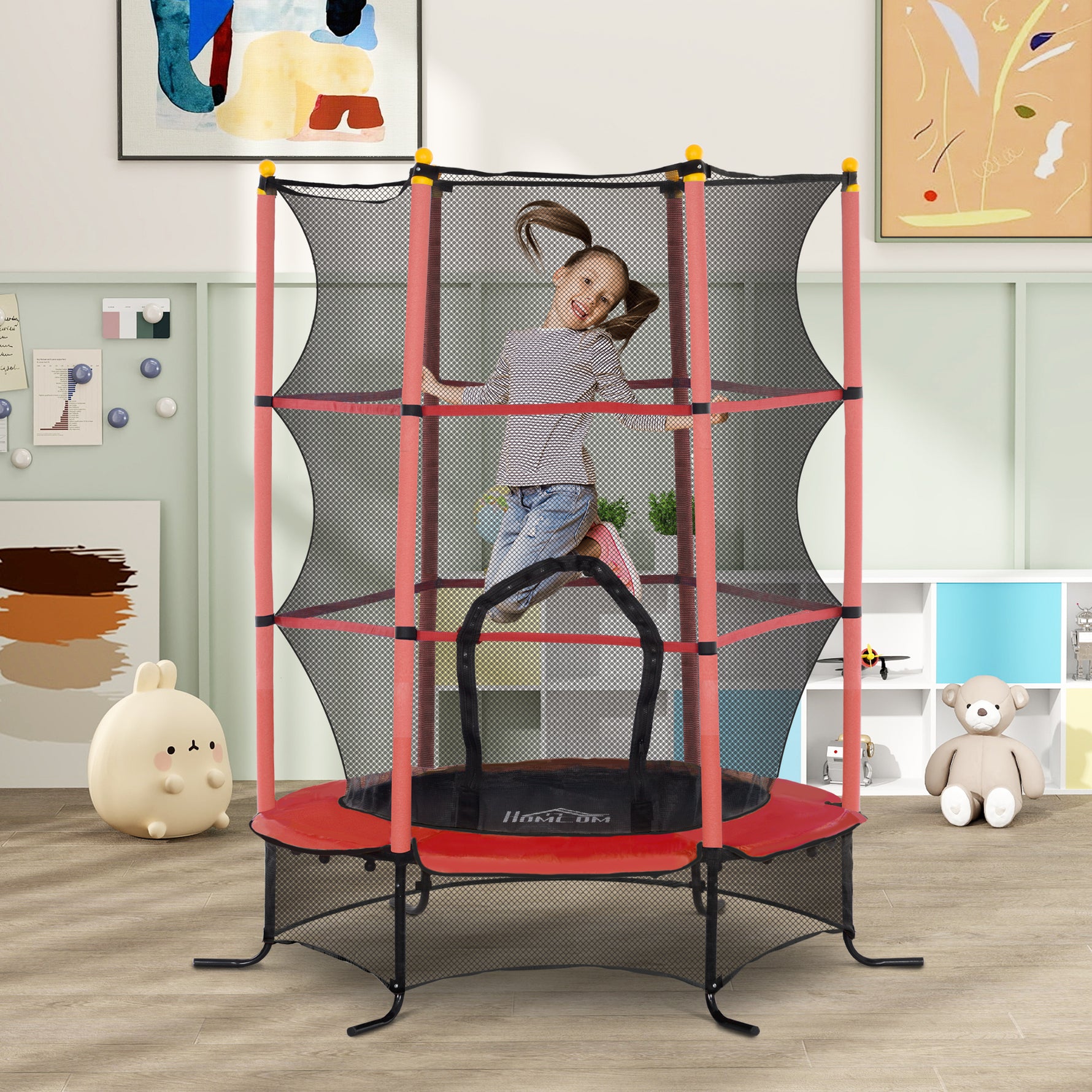 Trampoline Enfant Ø 1,63 × 1,9H m Filet de sécurité Porte zipée Couvre-Ressorts 6 poteaux rembourrés Inclus Rouge