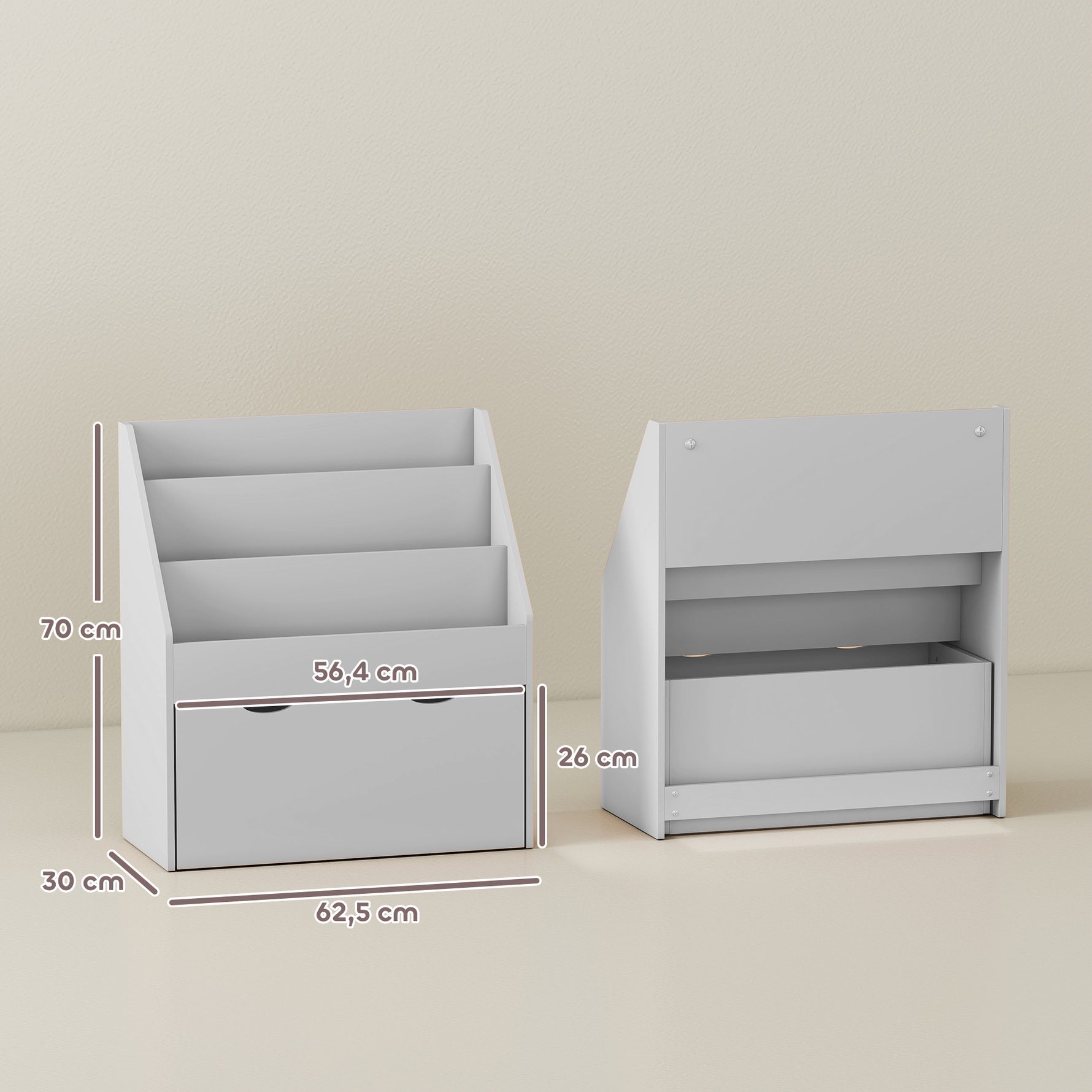 Bibliothèque pour enfants Multi-Rangement avec 3 niveaux d'étagères et un tiroir, 62,5L x 30l x 70H cm, gris