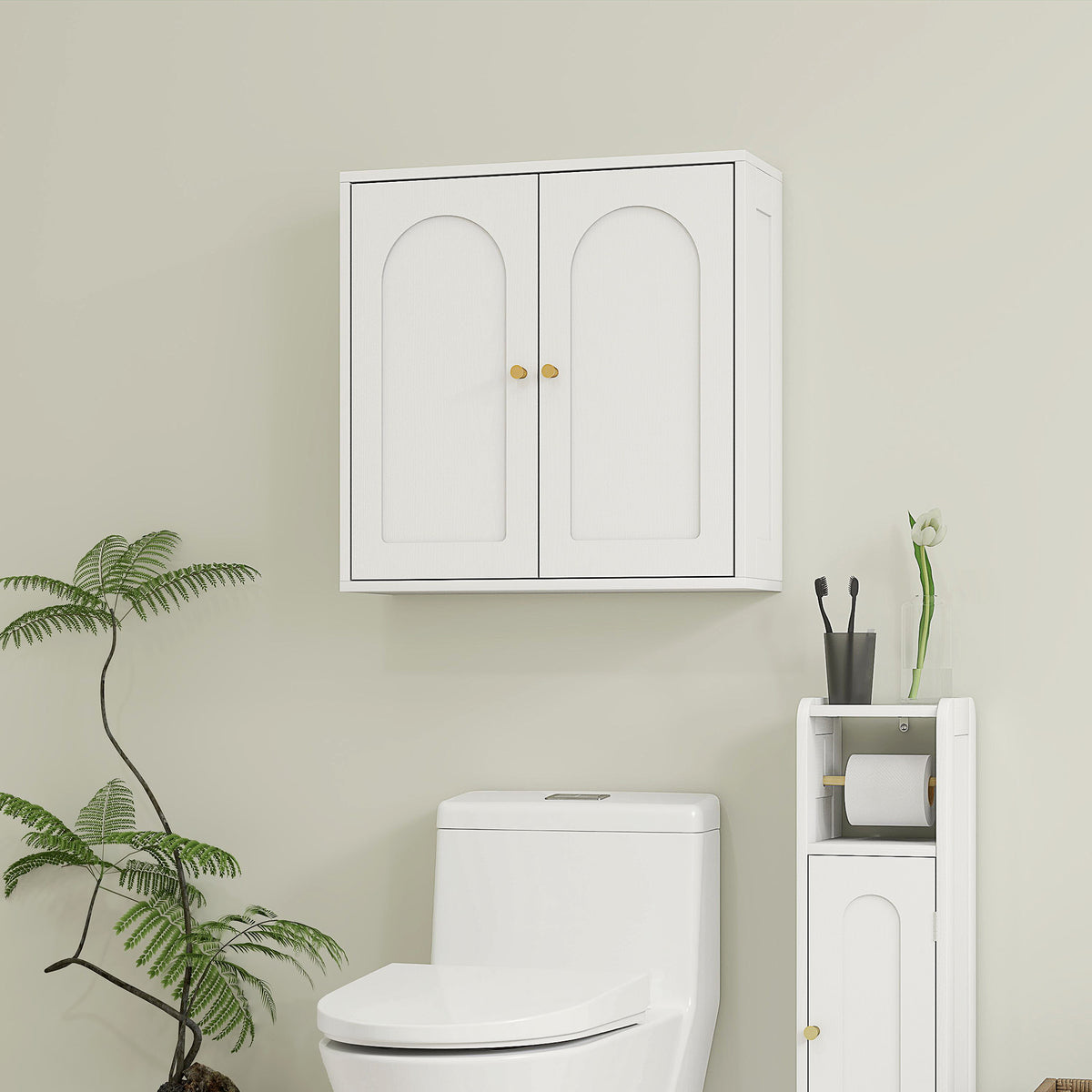 Armadio a muro, mobiletto pensile da bagno moderno con sportello a doppia anta e maniglie dorate, 60x20x60cm, bianco