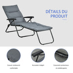 Bain de soleil pliable transat inclinable 6 positions avec matelas + accoudoirs acier polyester gris