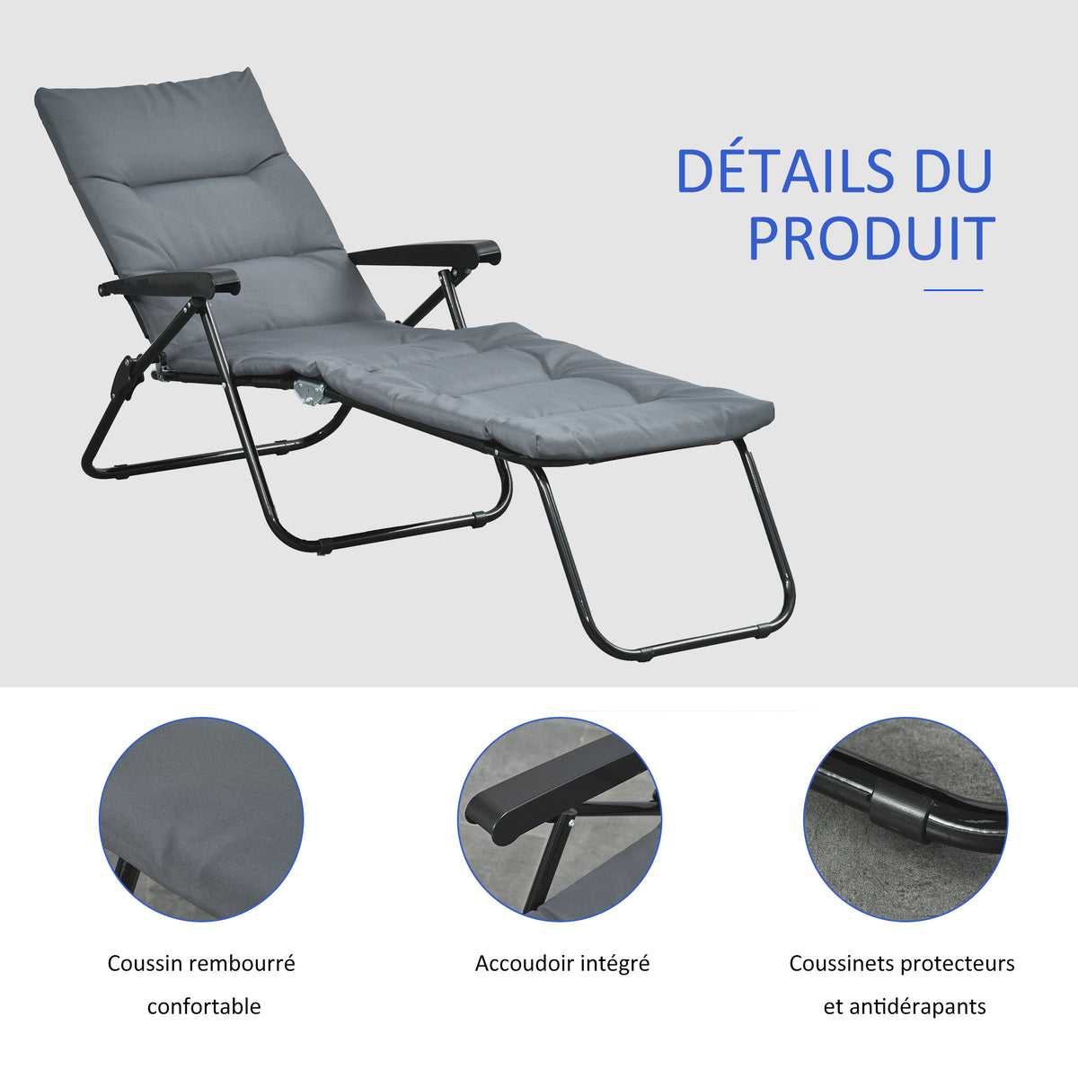 Bain de soleil pliable transat inclinable 6 positions avec matelas + accoudoirs acier polyester gris