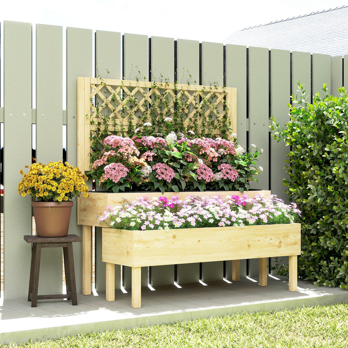 Jardinière à 2 Niveaux avec Treillis, bac à fleurs, avec tissu non tissé, 108 x 62 x 120 cm, effet bois naturelle-8