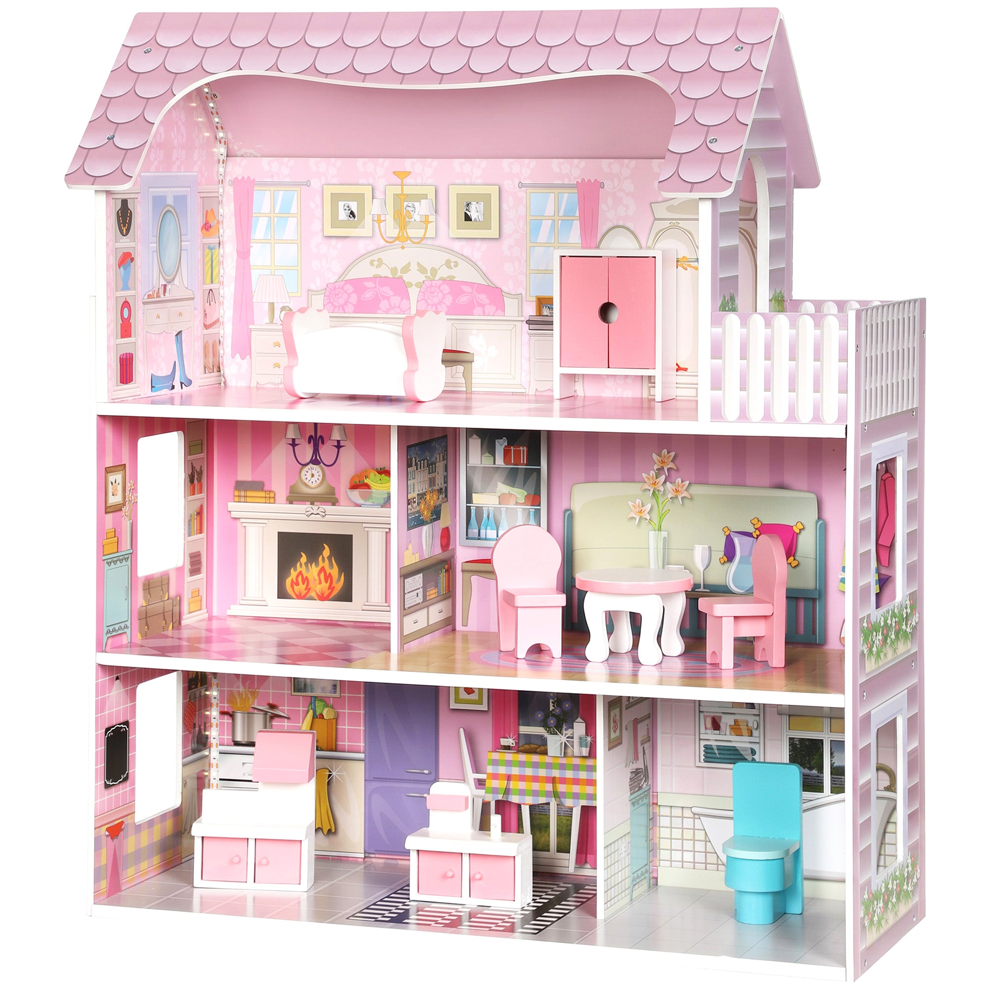 Maison de Poupée en Bois pour Enfants, Maison de Rêve Filles, 6 Pièces, Éclairage LED et 8 Meubles, 3-6 ans, Rose
