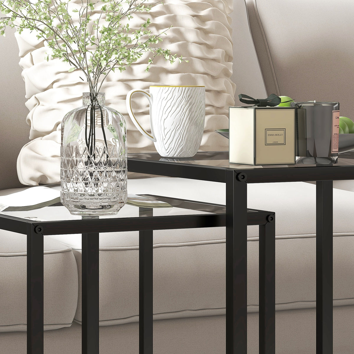 Lot de 2 tables basse gigogne, tables d'appoint empilable, plateau verre trempé cadre acier, patins antidérapants, noir
