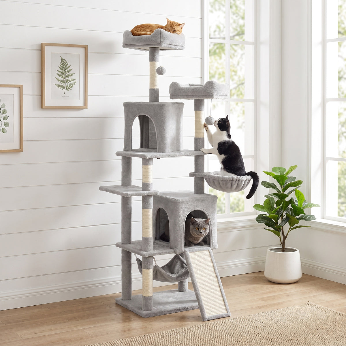 Krabpaal speeltoren voor katten 3 plateaus 2 huisjes 2 manden 2 hangmatten 1 ladder hoogte 177 cm lichtgrijs