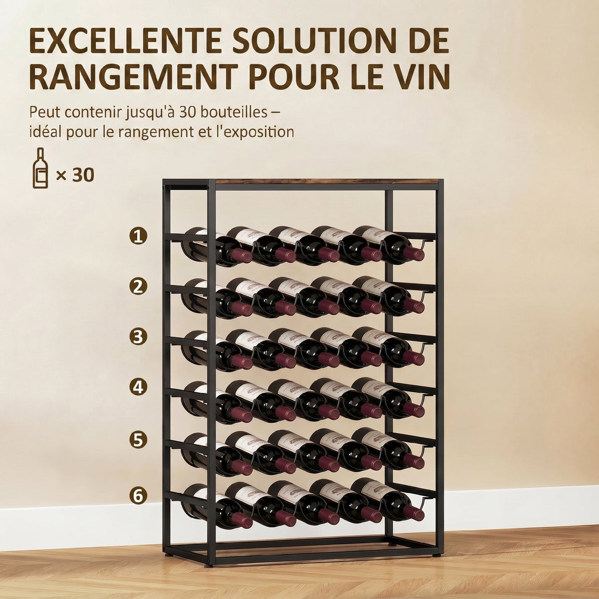 Casier à bouteilles pour 30 bouteilles, étagère à vin avec 6 niveaux, style industriel, 59x30x88,5cm, brun rustique